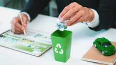 Businessman put paper waste on small tiny recycle bin in his office symbolize corporate effort on eco-friendly waste management by recycling for greener environment and zero pollution. Gyre